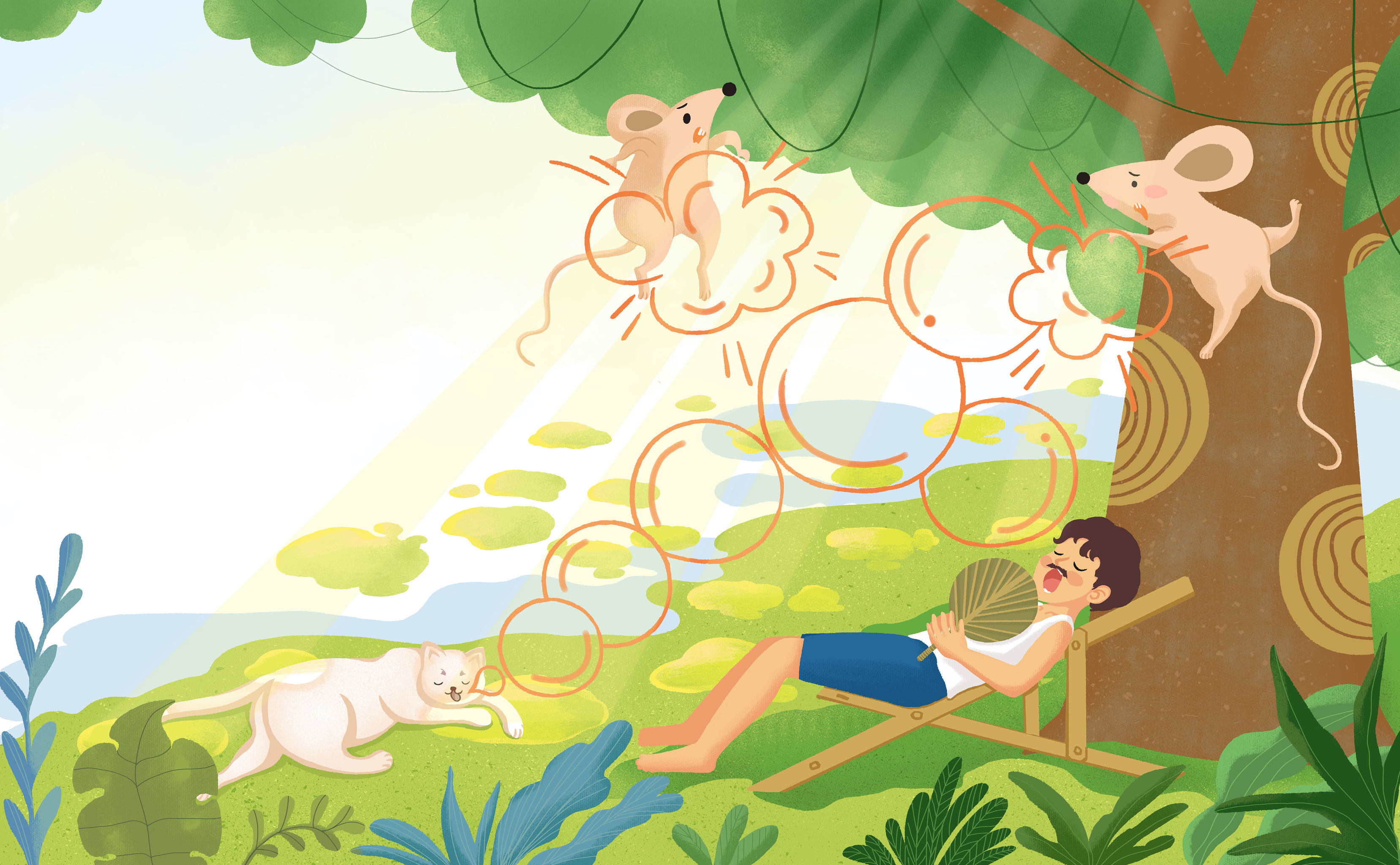 爸爸和小猫咪在树下乘凉打呼噜小老鼠在玩