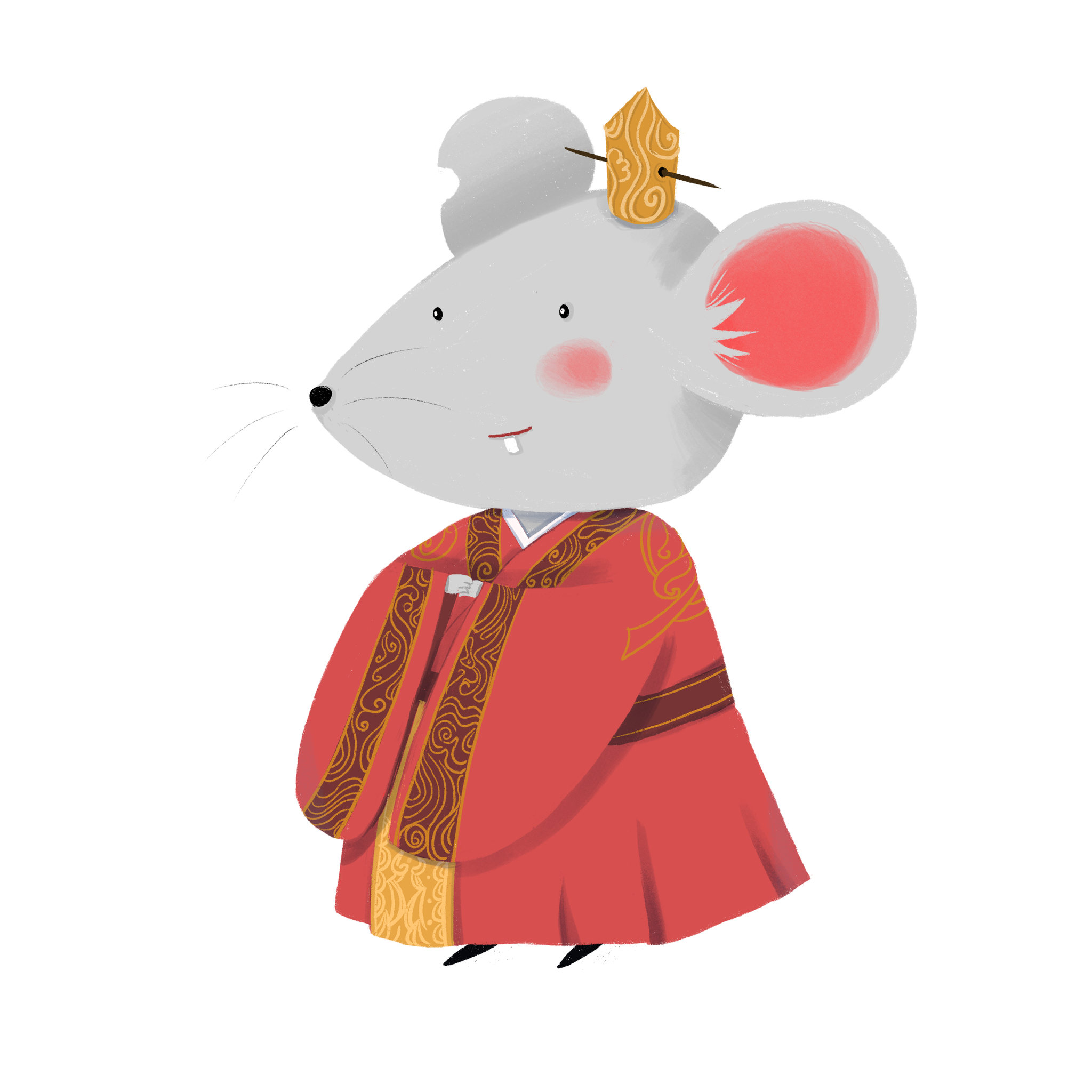 一只穿着红色中式结婚礼服可爱小老鼠新郎