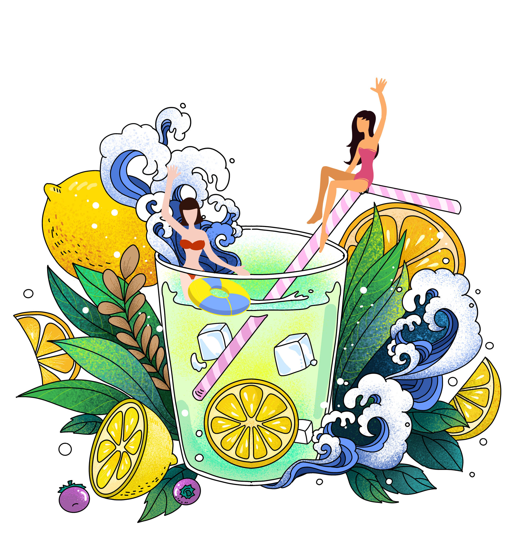 夏日冰凉柠檬茶游泳海浪度假扁平化插画