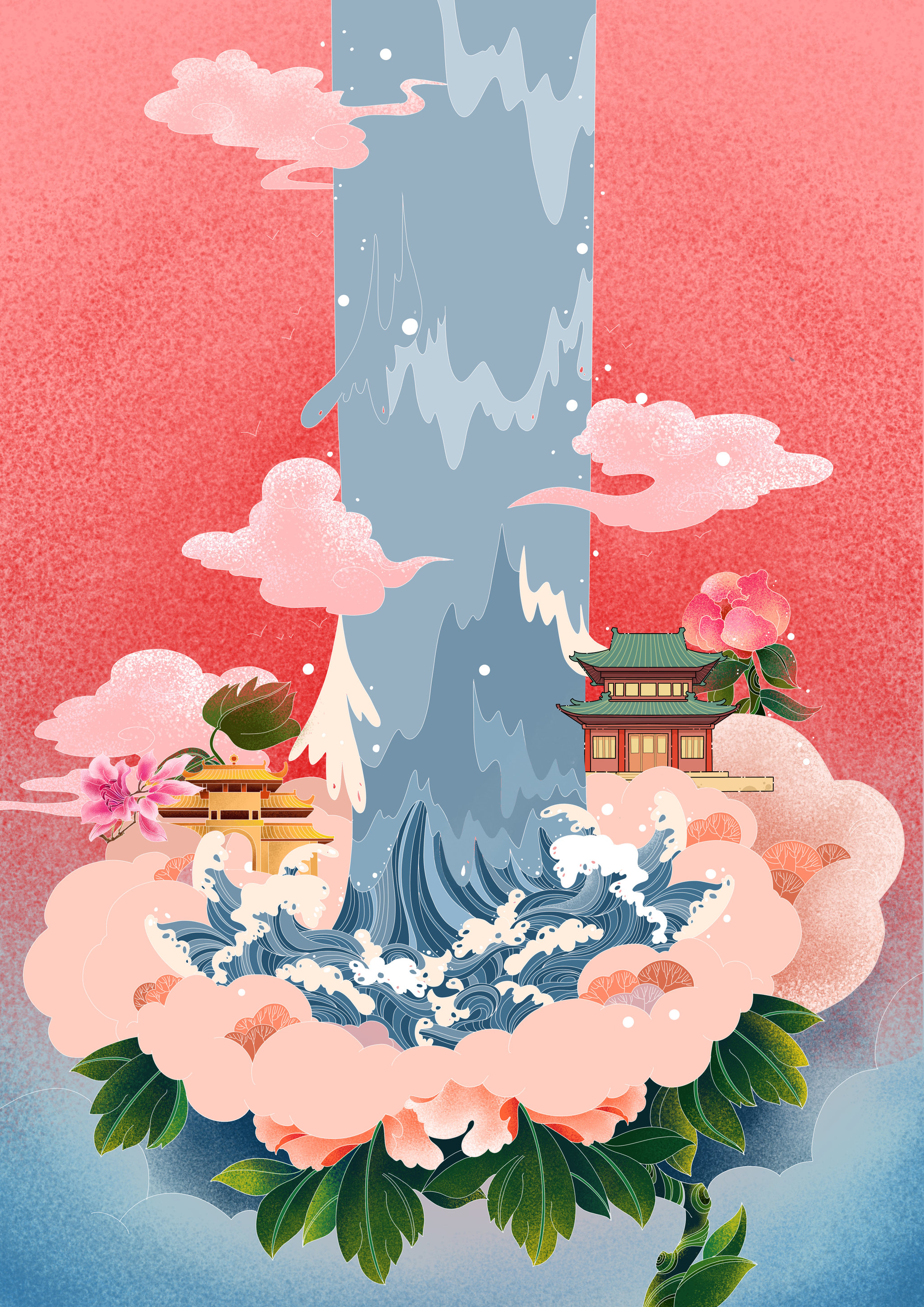 天降甘露天宫繁花红云中国风插画