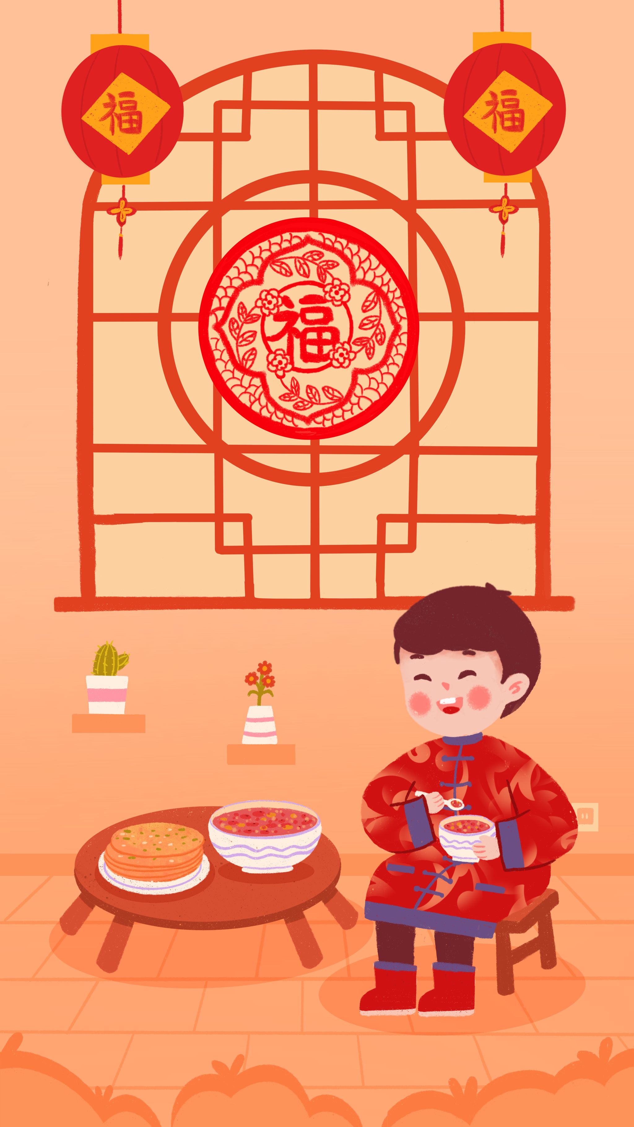 插画,年俗,大年初七,春节,新年,吃煎饼,七宝羹,人庆节