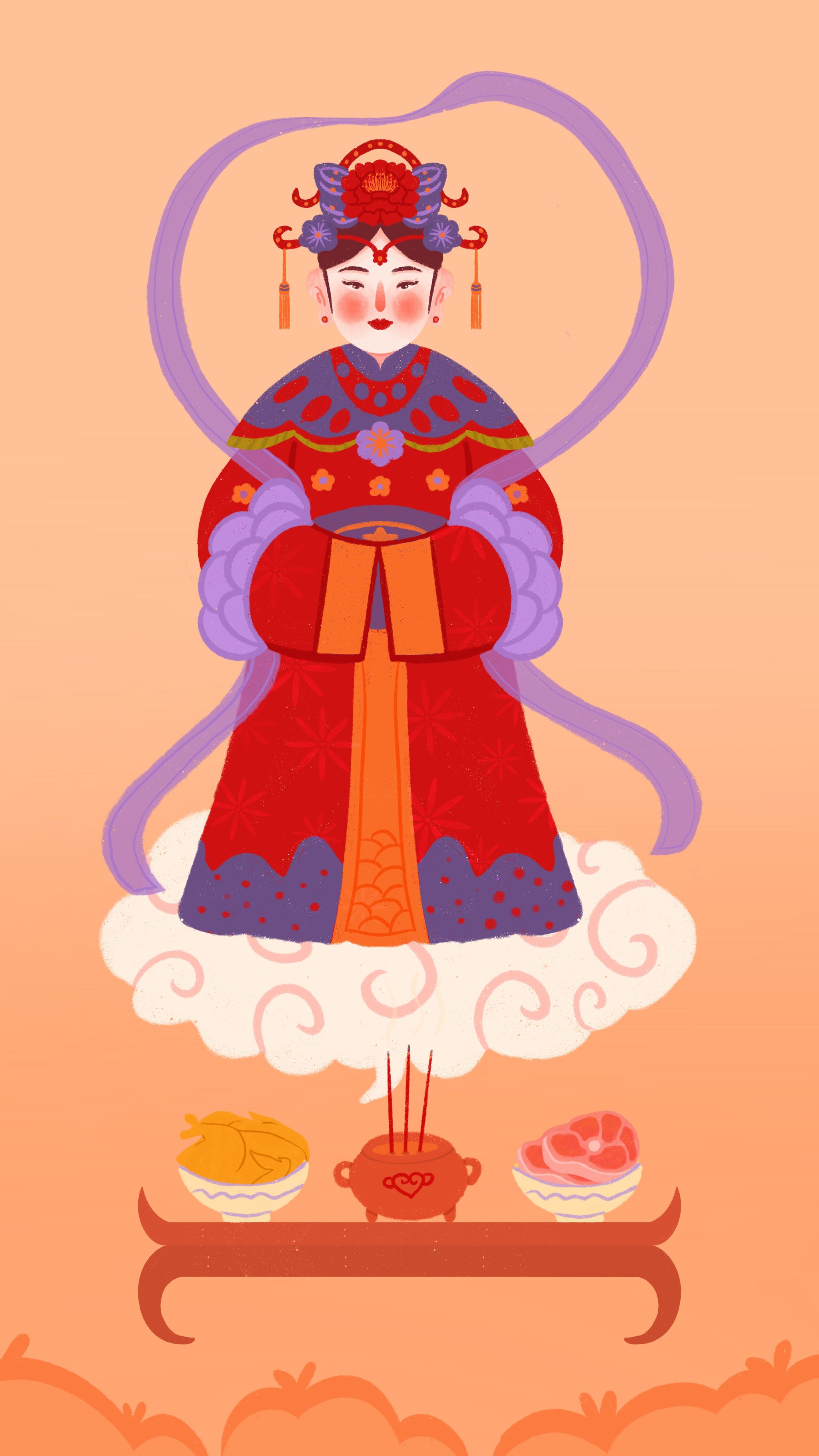 插画,年俗,正月十一,祭紫姑,仙姑,女人,云,紫色,神,拜神