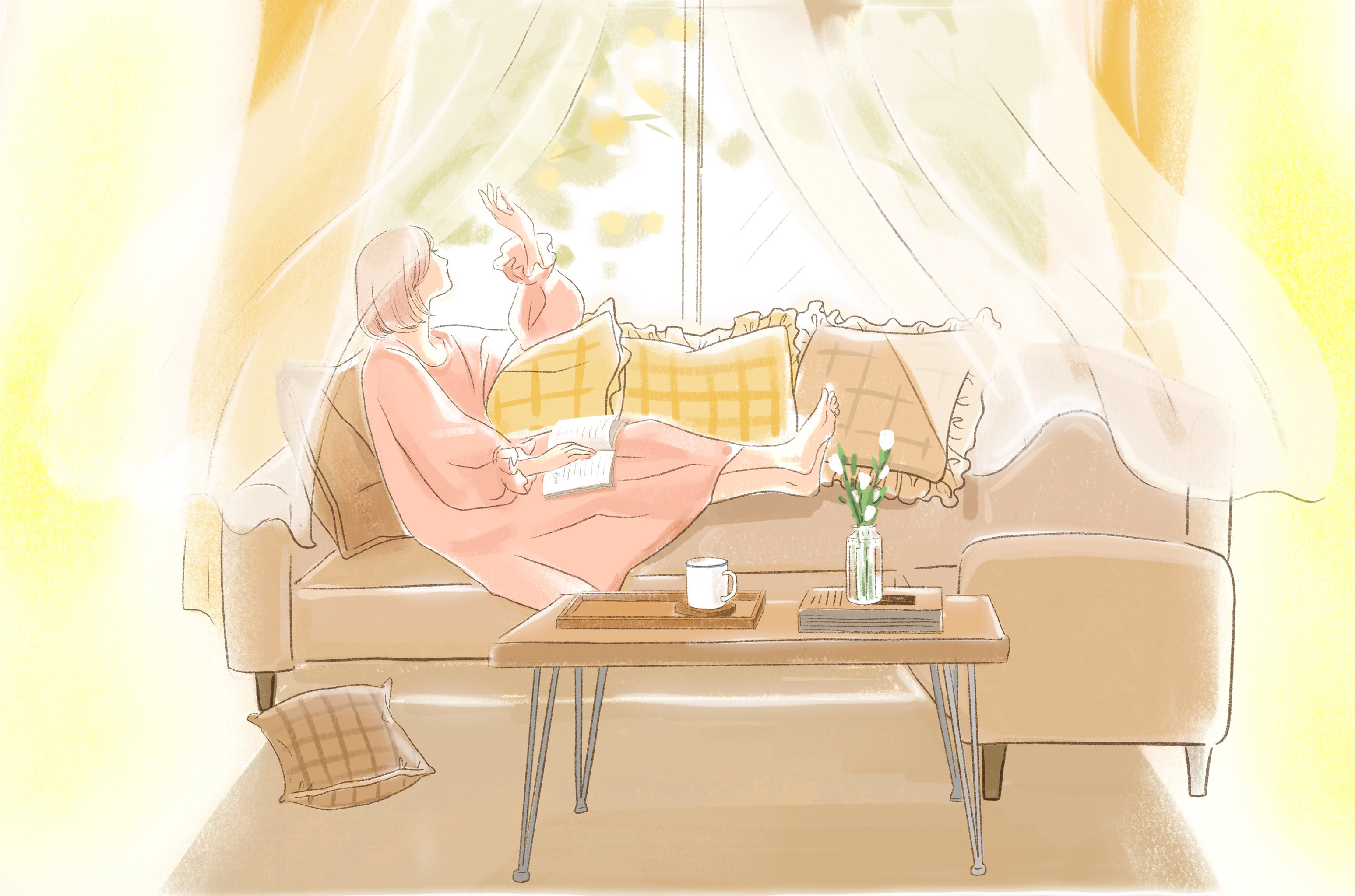 春天温柔的风吹开窗帘房间里读书的女孩