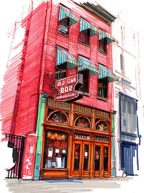 gardner用他的彩笔记录下来一座又一座他光顾过的酒吧和咖啡馆,画面